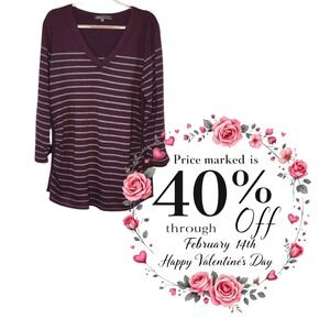 Striped Knit Top Burgundy Gray Long Sleeve Boat Neck Casual Everyday 2XL EUC